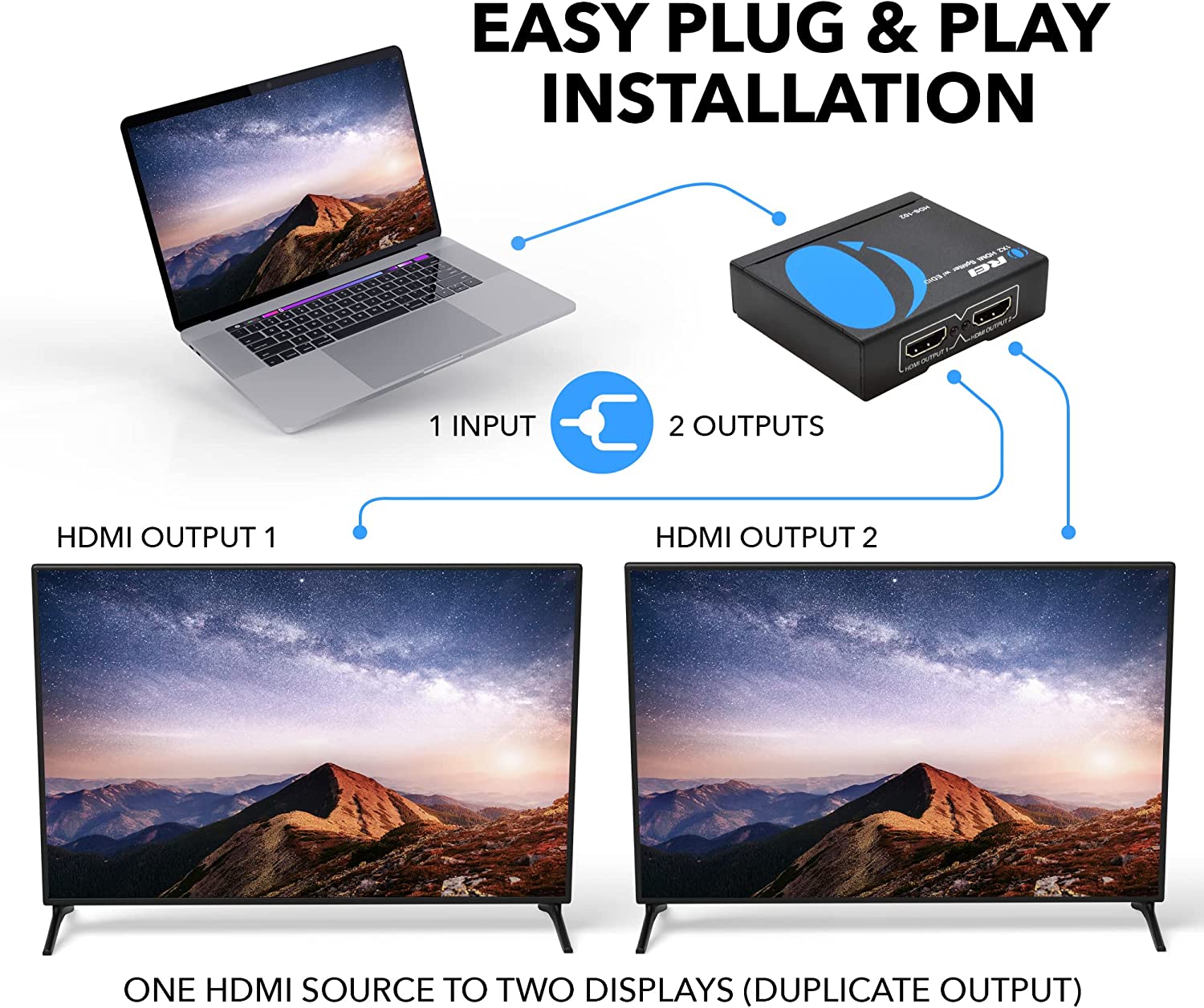 OREI HDMI Splitter 1 in 2 Out 4K - 1x2 HDMI Display Duplicate:Mirror - Powered Splitter Full HD 1080P, 4K @ 30Hz (One Input To Two Outputs) - USB Cable