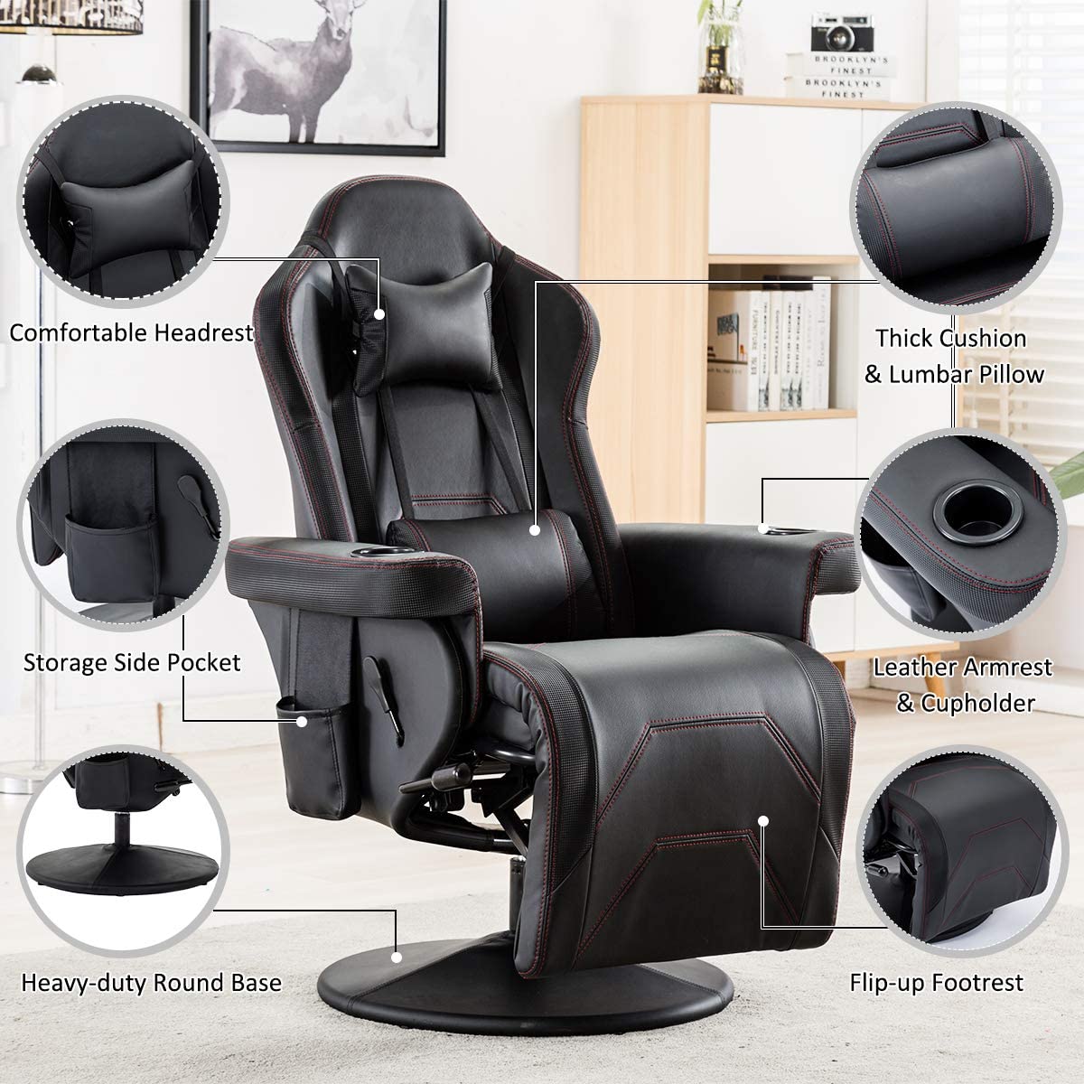 Merax Gaming Recliner Gaming Chair Desk Chair with Footrest,Headrest,Lumbar Pillow,2 Cup holders, 2 Removable Side Pouches