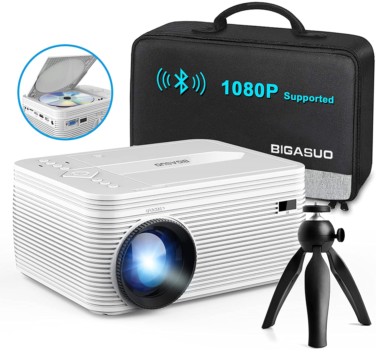BIGASUO Upgrade HD Bluetooth Projector Built in DVD Player, Mini Video Projector 1080P Supported Compatible with TV:HDMI:VGA:AV:USB:TF SD Card, Portable
