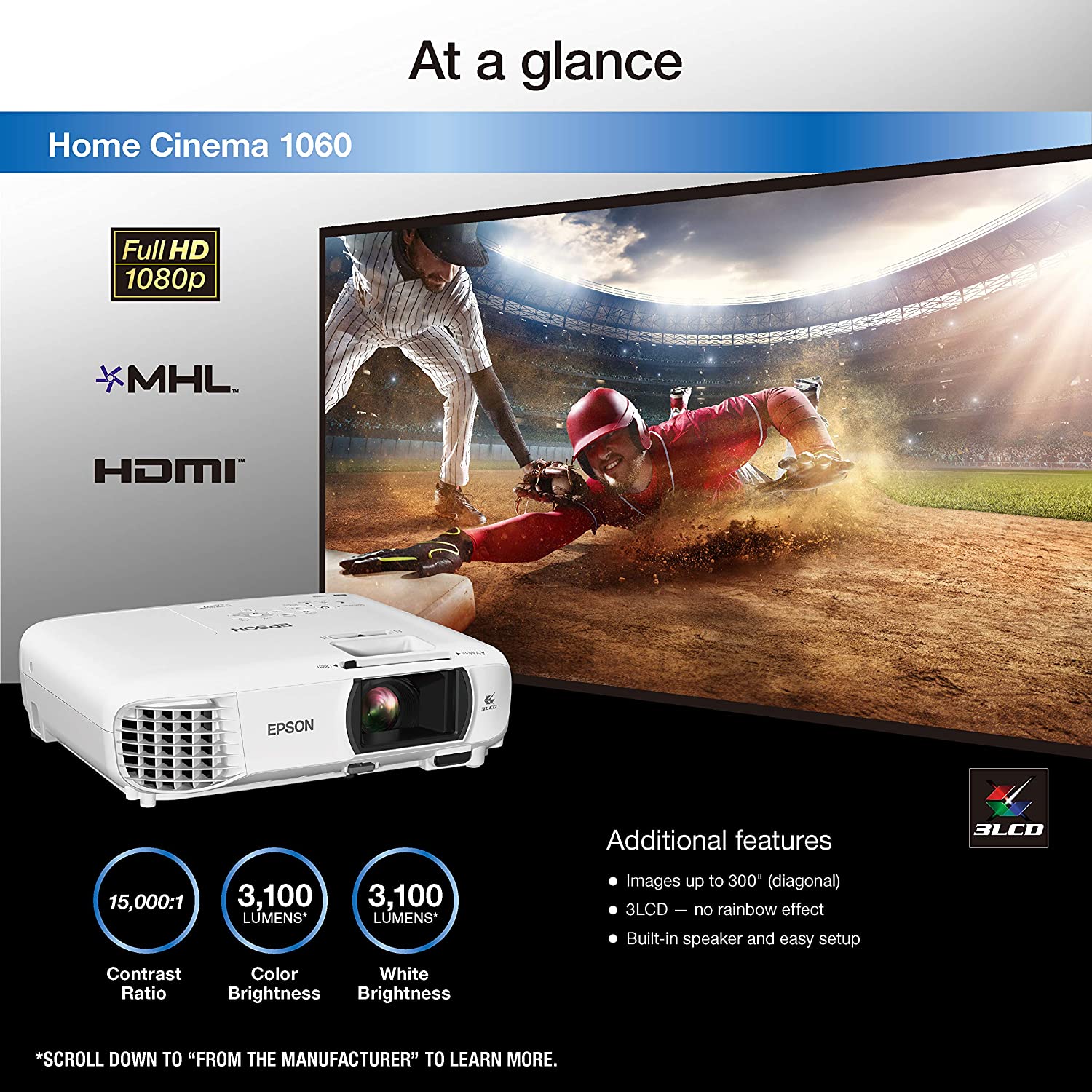 Epson Home Cinema 1060 Full HD 1080p 3,100 Lumens Color Brightness (Color Light Output) 3,100 Lumens White Brightness