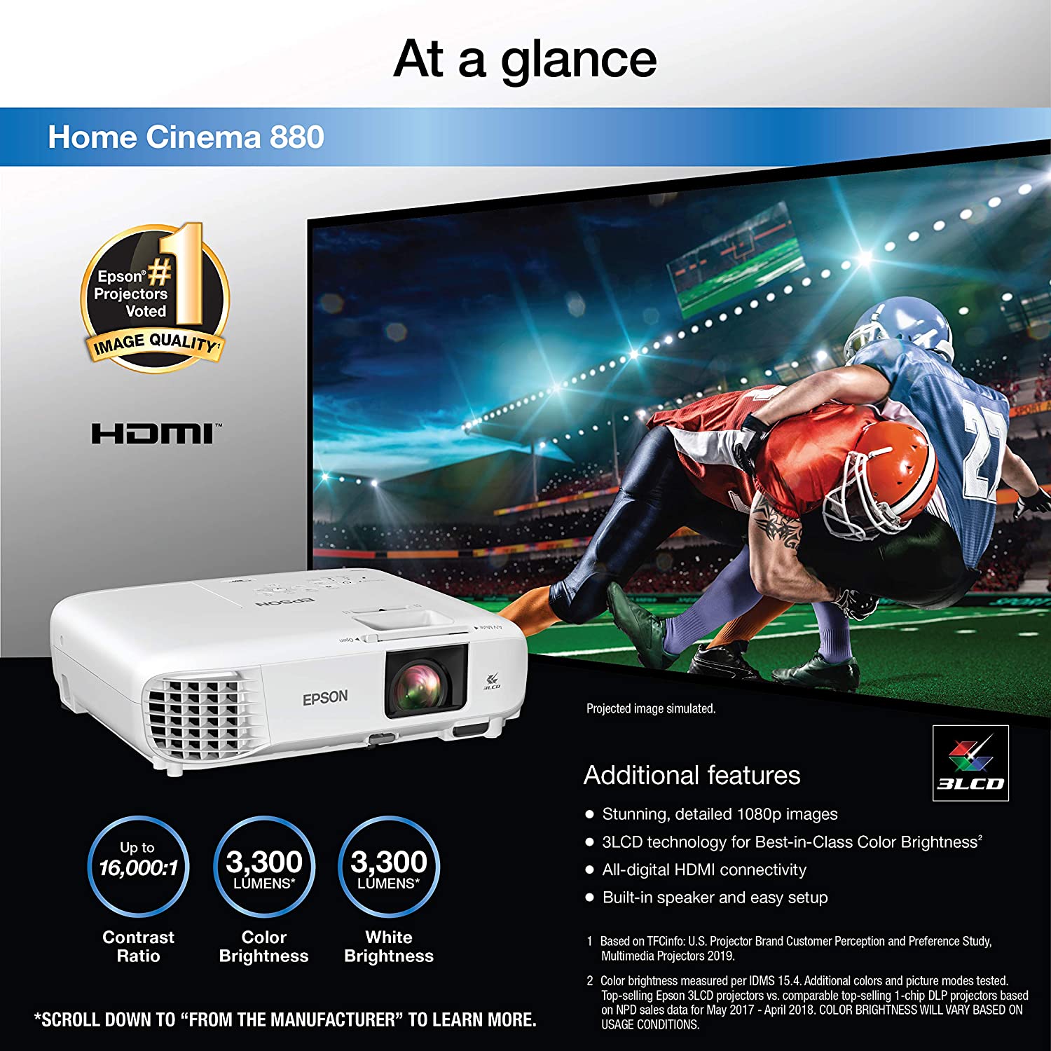 Epson Home Cinema 880 3-chip 3LCD 1080p Projector, 3300 lumens Color and White Brightness, Streaming and Home Theater, Built-in Speaker, Auto Picture Skew