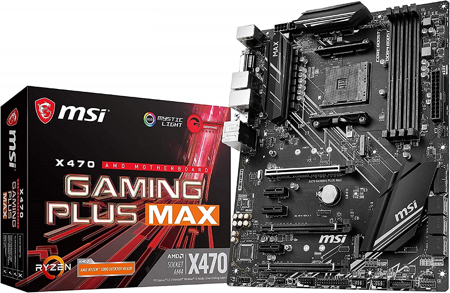 MSI X470 GAMING PLUS MAX Motherboard ATX - Supports AMD Ryzen 1st, 2nd and 3rd Gen Processors, AM4, DDR4 Boost (3866MHz:OC), 2 x PCIe 3.0 x16, 1 x PCIe 2.0