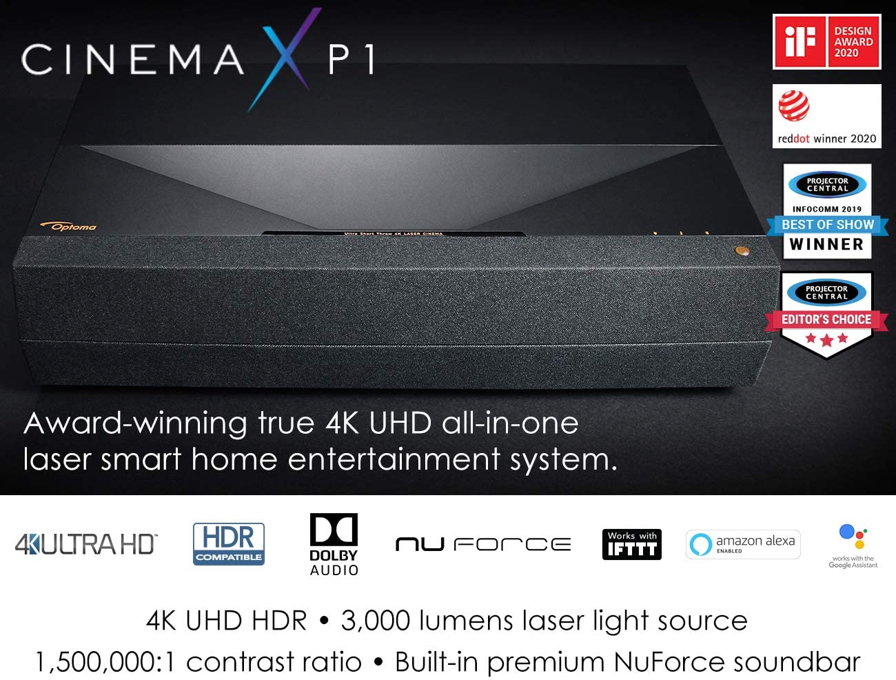 Optoma CinemaX P1 4K UHD Laser TV Home Theater Projector | Bright 3000 Lumens | Ultra Short Throw | Integrated NuForce Soundbar
