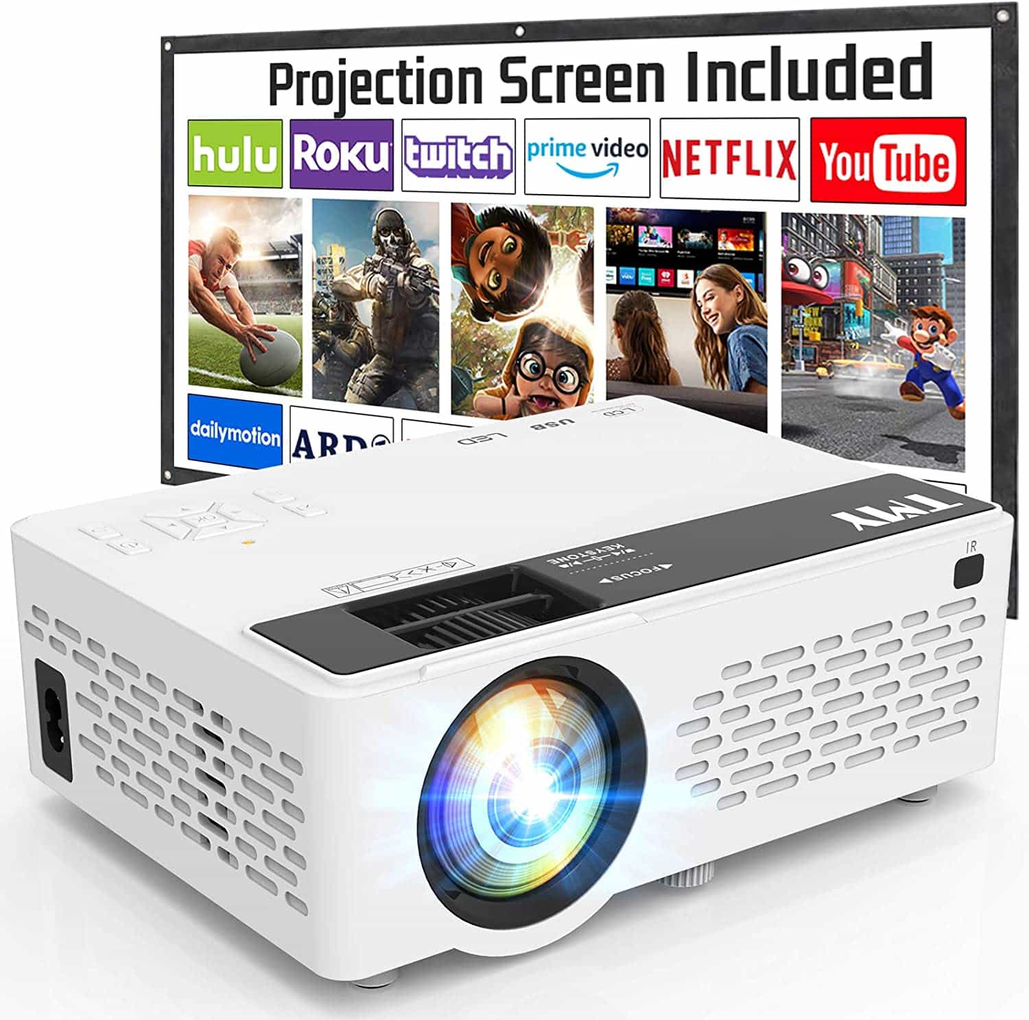 TMY Projector, 4500 Lux Video Projector Full HD 1080P Supported [Projection Screen Included], HD Native 720P Mini Projector Compatible with TV Stick HDMI