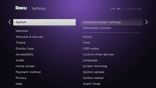 How to Disconnect Roku TV From Wi-Fi - Select Advanced System Settings menu option