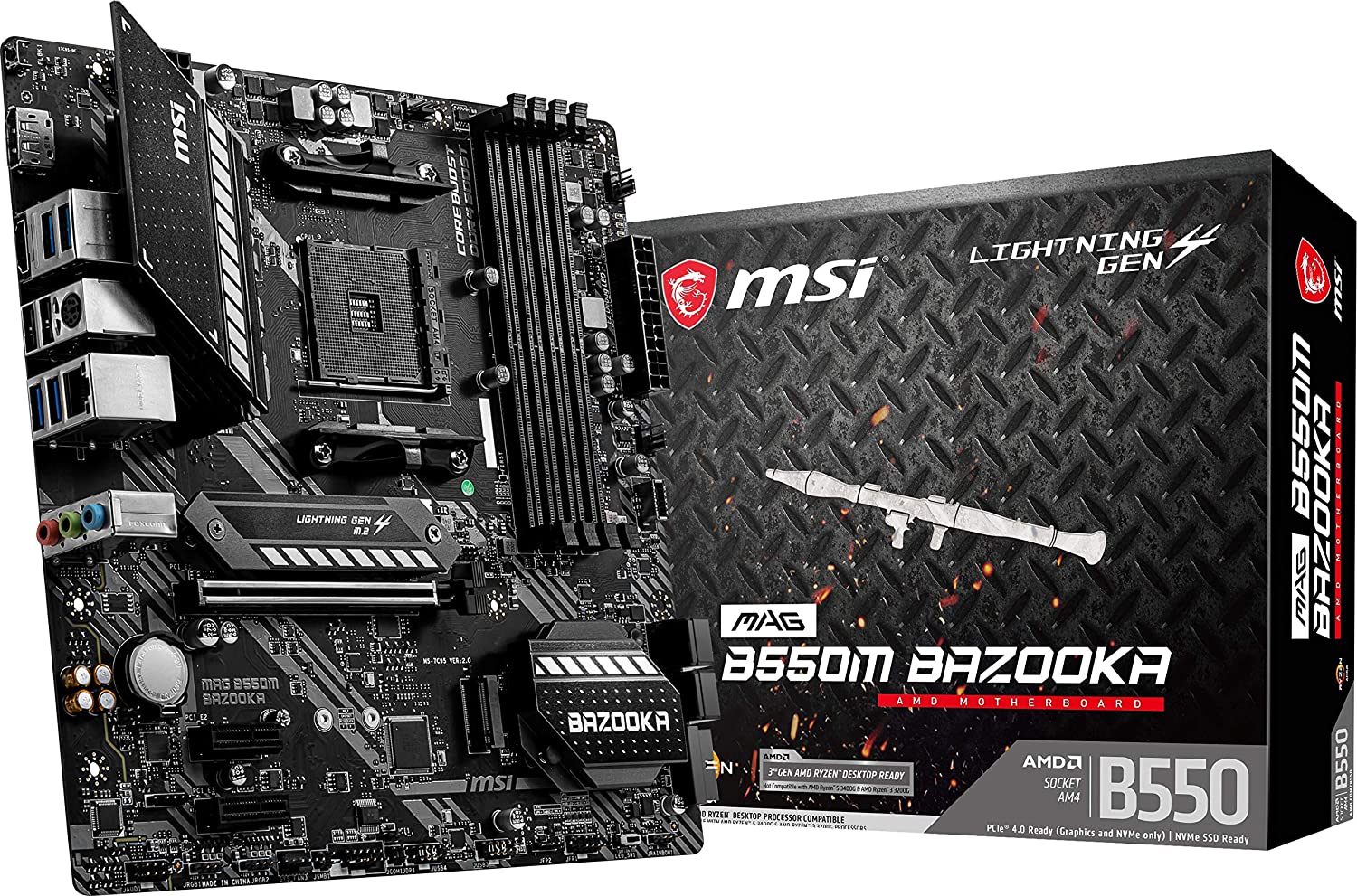 MSI MAG B550M Bazooka Gaming Motherboard (AMD AM4, DDR4, PCIe 4.0, SATA 6Gb:s, M.2, USB 3.2 Gen 1, HDMI:DP, Micro-ATX)