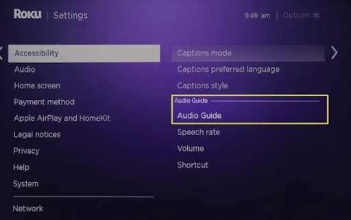 Select Screen Reader or Audio Guide