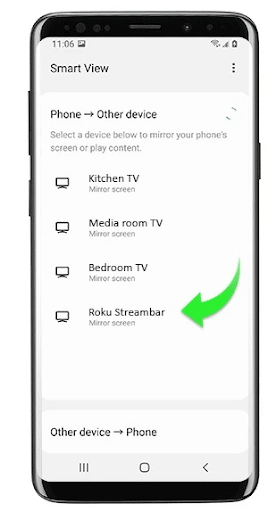 The smartphone will scan the area for casting devices that you may use. Once the Roku device has been detected, select it