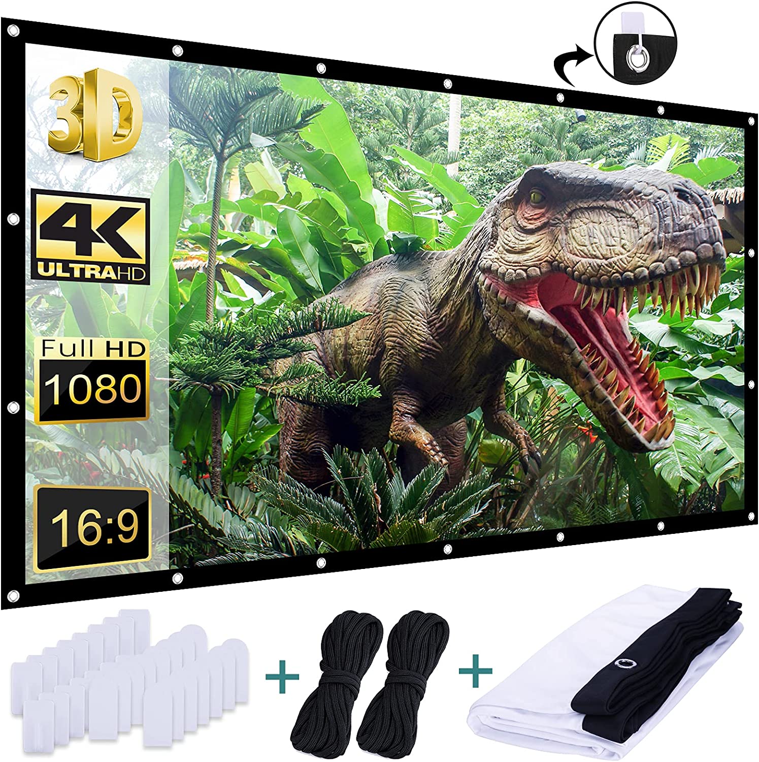 Outdoor Projection Screen 150 inch, Washable 4K Projector Screen 16-9 HD Foldable Anti-Crease Portable Projector Movies Screen for Home Theater Outdoor