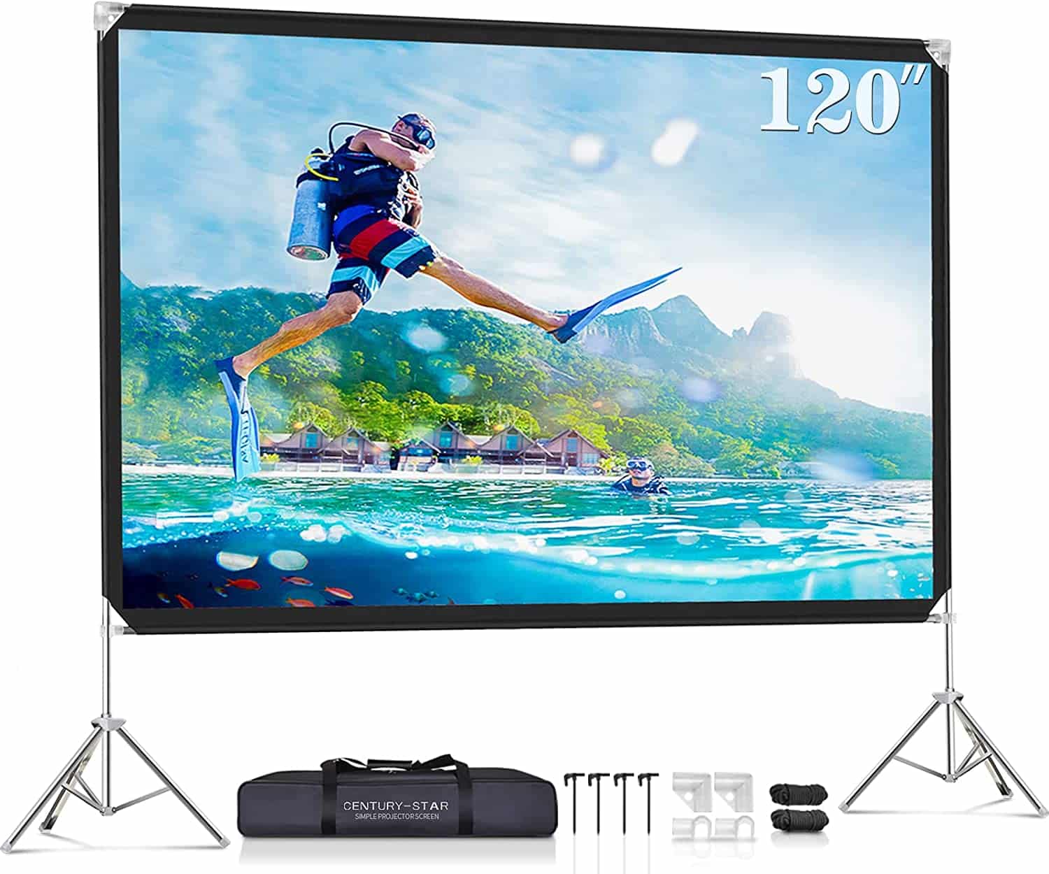 Projector Screen and Stand, 120-inch CENTURY-STAR Outdoor Movie Screen Wrinkle-Free Nylon 16-9 Outdoor Projector Screen, Portable Video Projection Screen