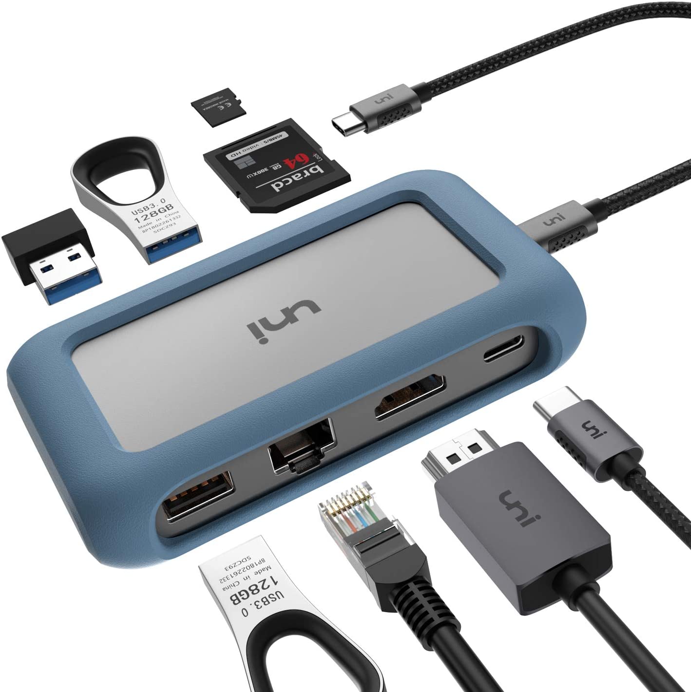 USB C Hub 8 in 1, uni USB-C Hub with A Removable Connector and Silicon Case, Support 4K HDMI, 1000Mbps, PD 100W, Compatible with MacBook Pro 2021