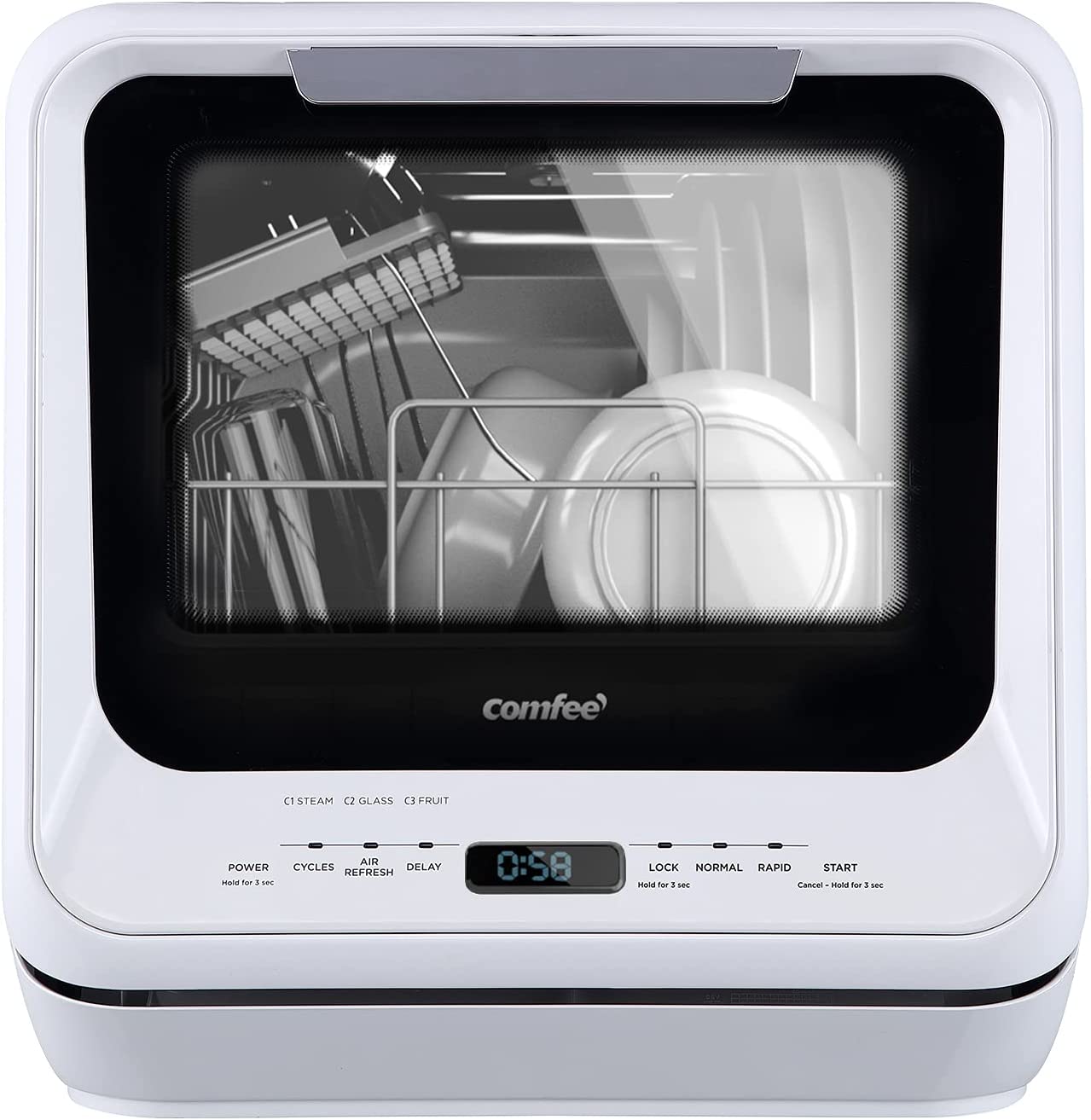 COMFEE' Countertop Dishwasher, Portable Dishwasher with 5L Built-in Water Tank, No Hookup Needed, 6 Programs, 360° Dual Spray, 192℉ Steam& Air-Dry