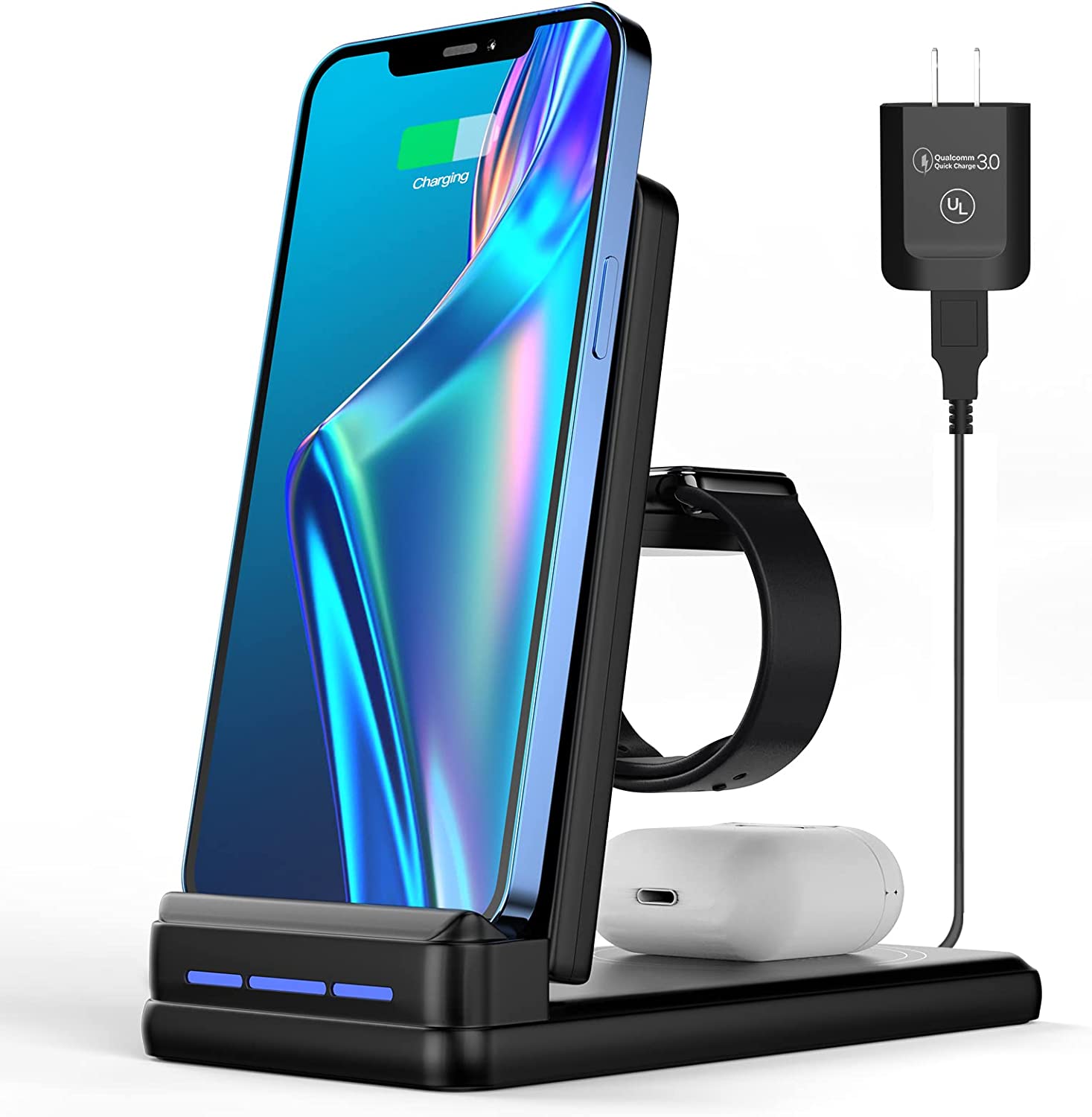 Charging Station for Multiple Devices Apple - DNTGVUP Foldable 3 in 1 Wireless Charger for iPhone 14:13:12:Pro:Plus:11:XS:XR:X:8, Charger Stand Compatible with Apple Watch S2-S7:SE and AirPods Black