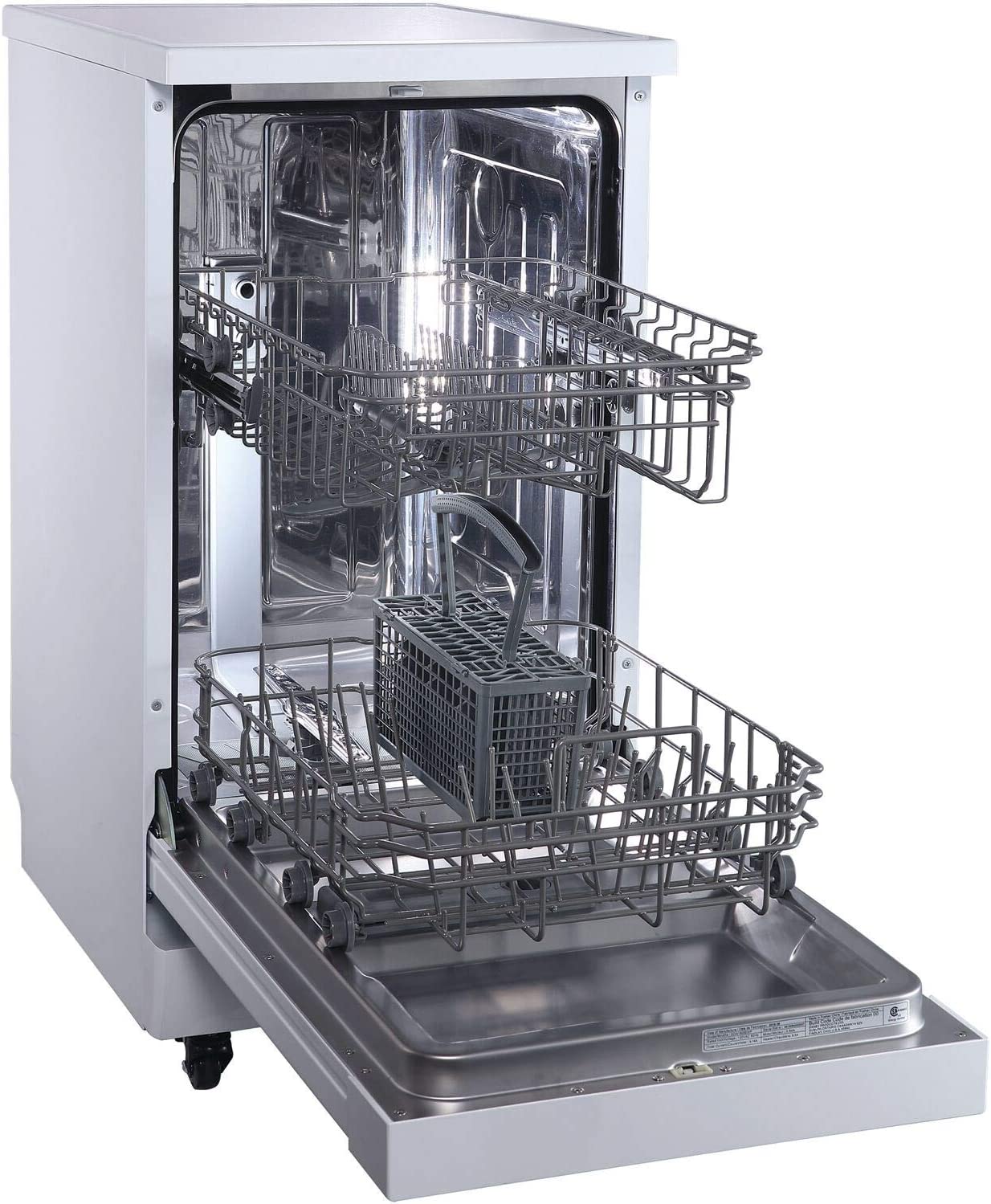 Danby DDW1805EWP 18 inch Portable Dishwasher with 8 Place Setting Capacity; 4 Wash Cycles; Energy Star Certified; Adjustable Upper Rack; in White-open