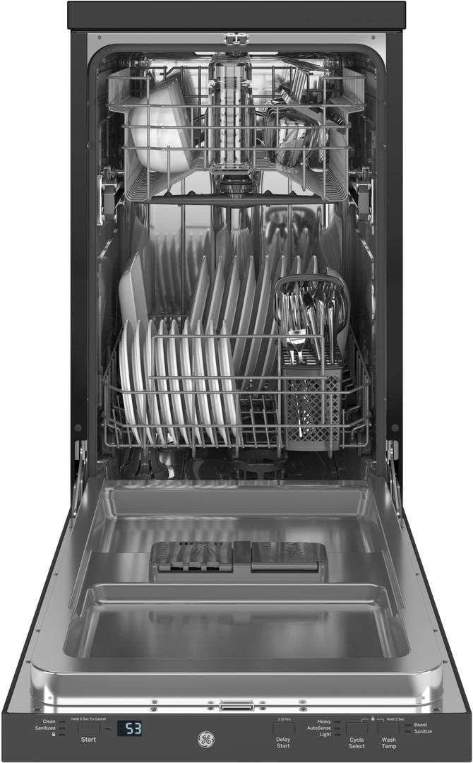 GE GPT145SSLSS 18 Energy Star Portable Dishwasher with 8 Place Settings Autosense Cycle Pocket Handle and 53 dBA in Stainless Steel open