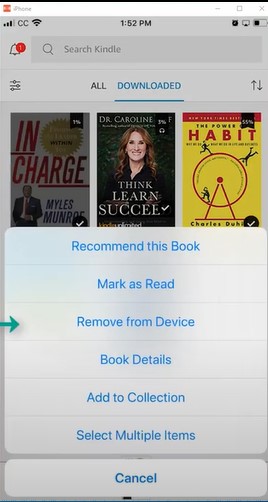 Search for the book you want to delete, then click and hold it. In the pop-up menu, click ‶remove from device.″