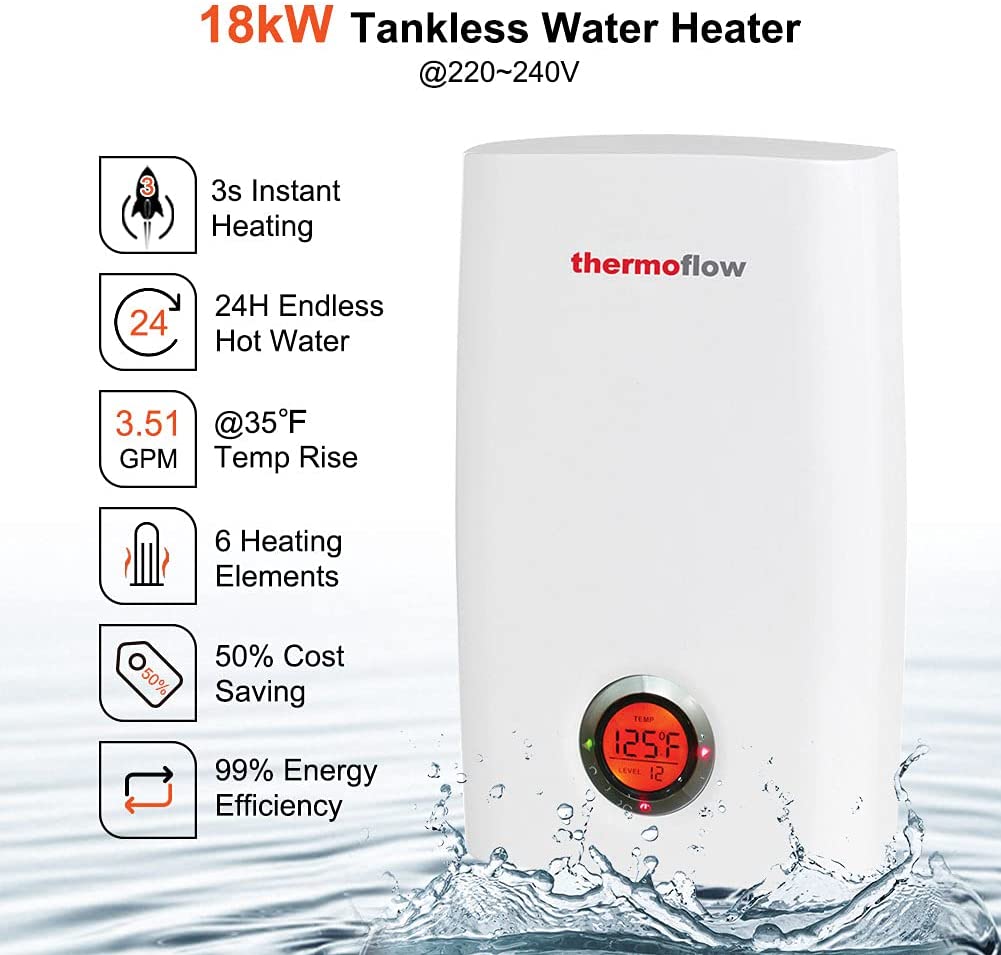 Thermoflow 18KW at 240V Tankless Water Heater Electric, On Demand Instant Hot Water Heater with Self-Modulating Temperature Technology, CSA Certified Wall