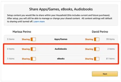 You get the option to share apps and games. Ensure the option for sharing eBooks is on. Select ‘Continue’