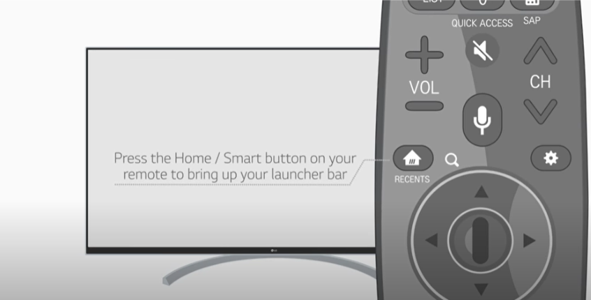 After turning it on, press the home key button on the remote to bring up the launch bar