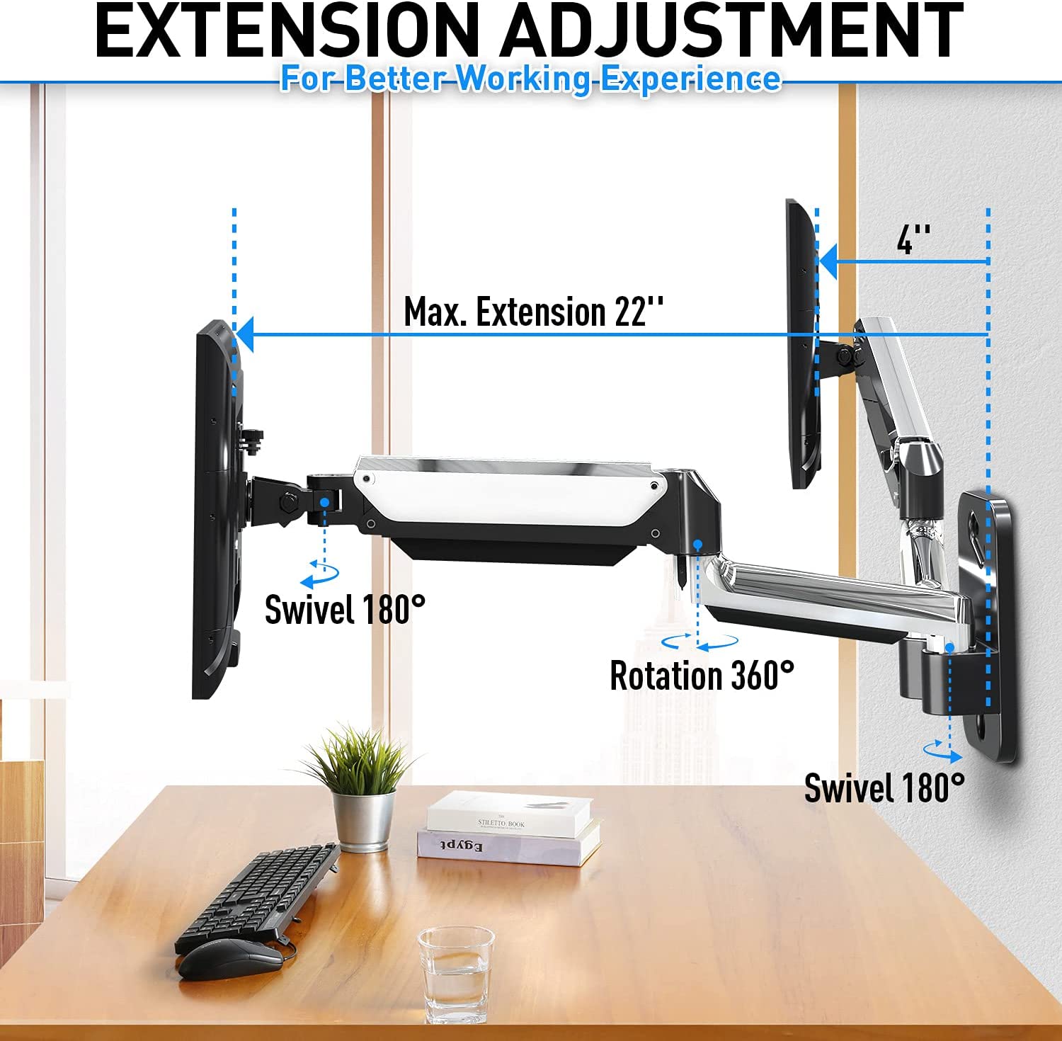 MOUNTUP Dual Monitor Wall Mount for 2 Max 32 Inch Computer Screen, Silver Polished Aluminium Full Motion Gas Spring Double Monitor Arm, VESA Bracket Support