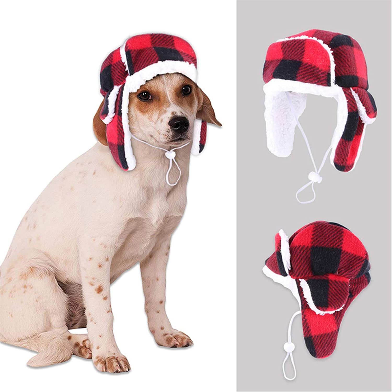 SEIS Christmas Dog Trooper Hat with Earmuffs Winter Adjustable Pet Ushanka Red Plaid Pet Cap Xmas Dog Headwear for Small Medium Large Dogs