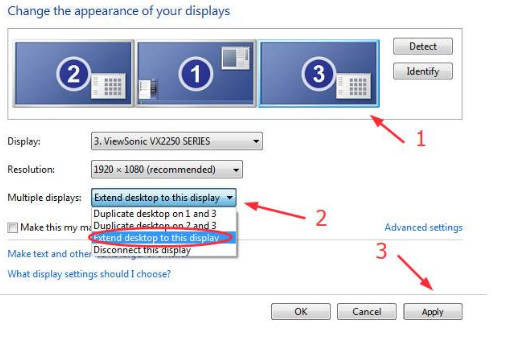 Select display 3, choose ‘extend desktop to this display’ on ‘multiple displays,’ then select ‘apply.’