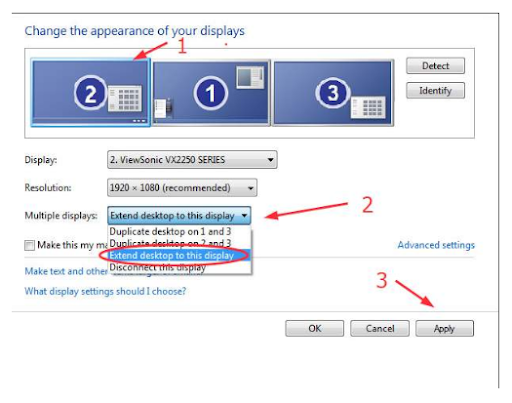 Select ‘display 2’, choose ‘extend desktop to this display’ on ‘multiple displays,’ and select ‘apply.’
