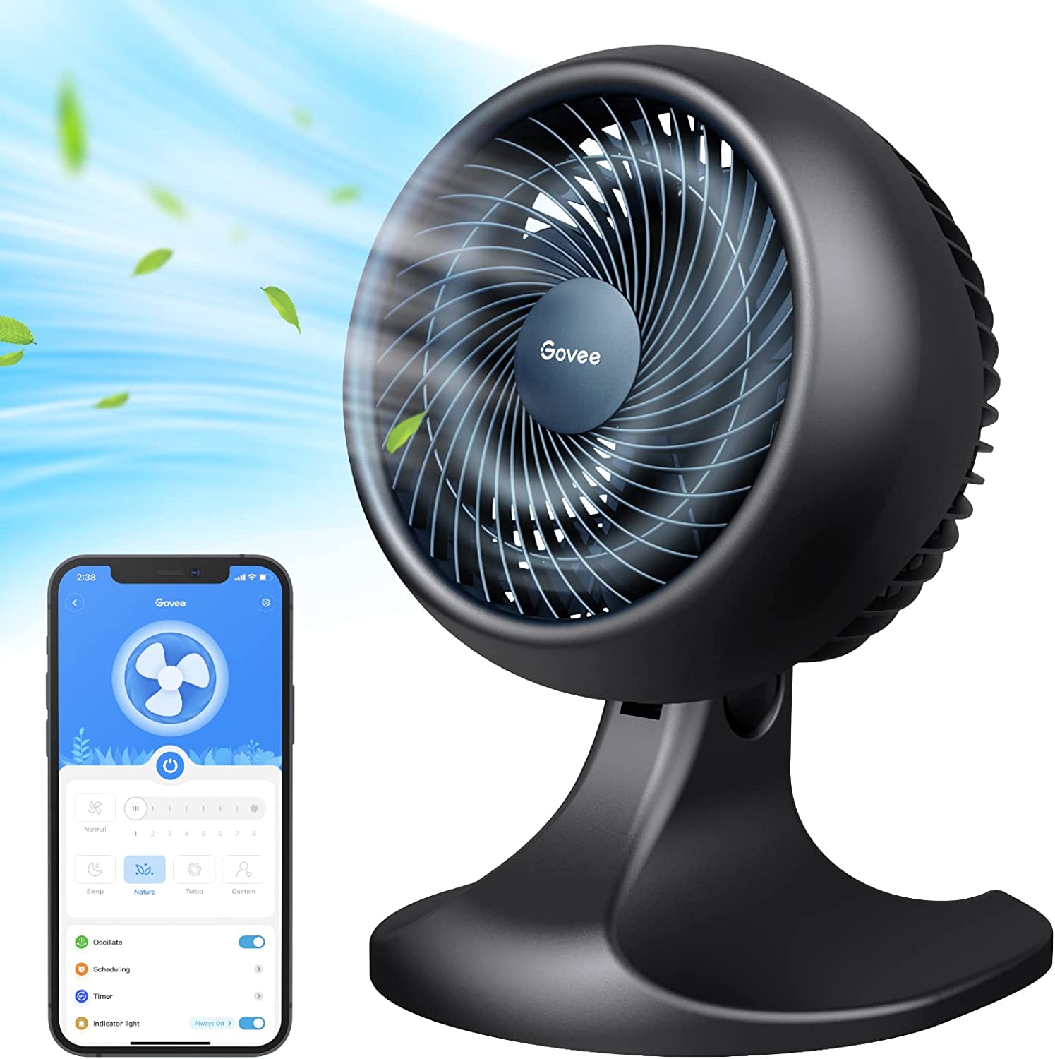 Govee Air Circulator Oscillation Fan, 9 Small Desk Fan for Bedroom with WiFi Alexa Control, 8 Speed Settings, 24H Timer, Auto Mode, Smart Quiet