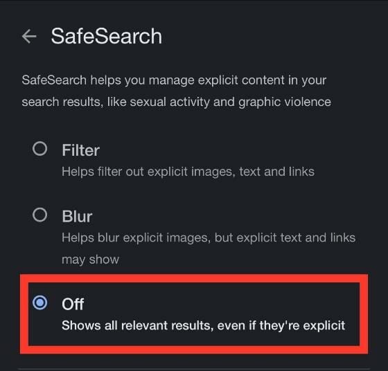 SafeSearch Turn Off